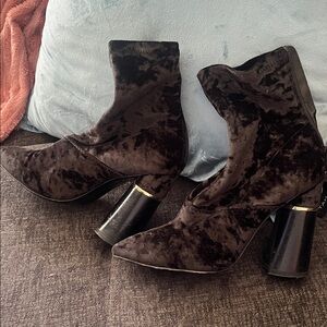 Velvet Heeled Boots in Rich Black with Blocked Heel with Gold Rim